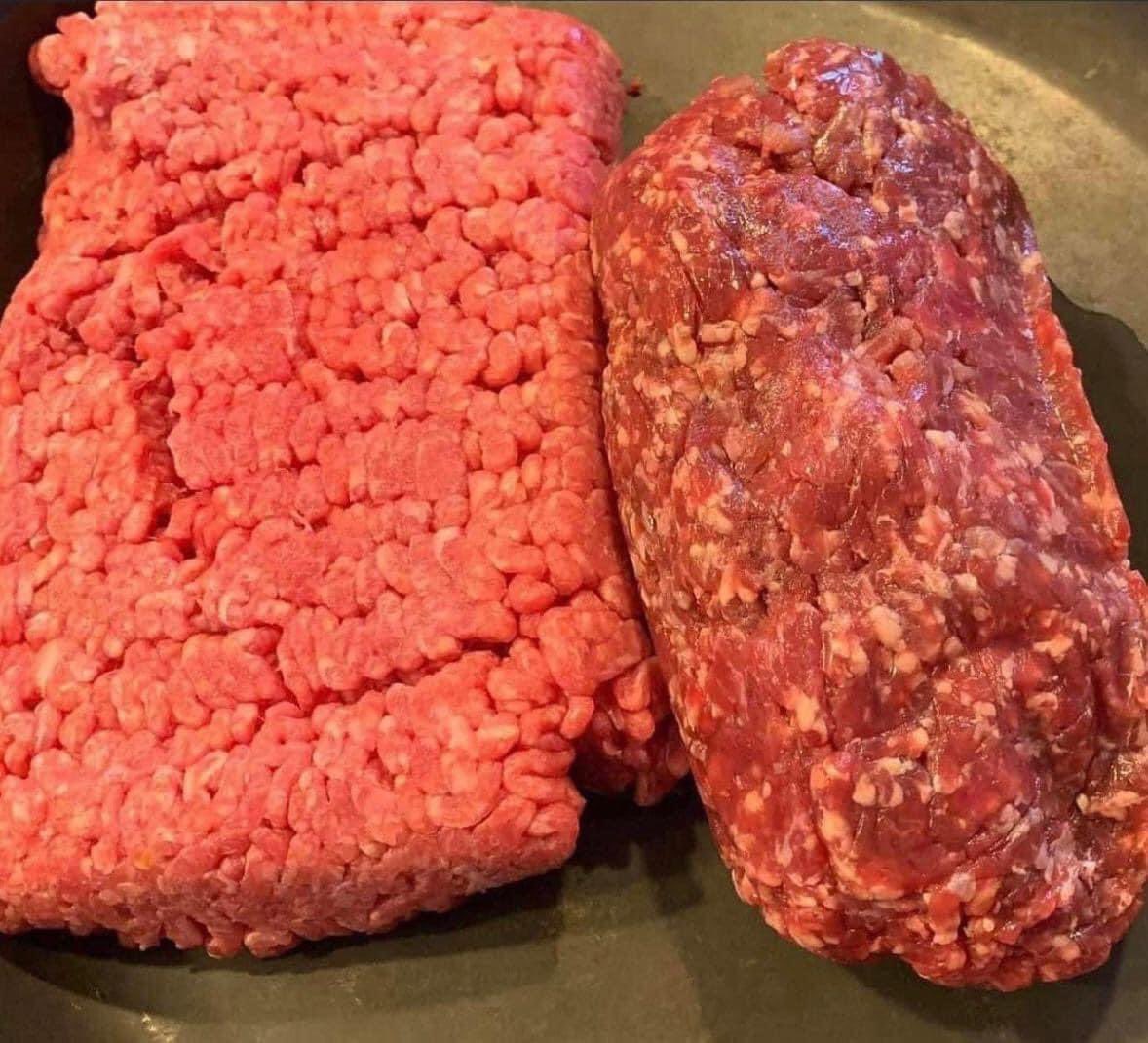 Know what you’re buying. This picture has store bought beef (left), and farm beef (right). There is an obvious visible difference between the two. But the differences don’t stop there. 

1. You may notice in the picture the color difference. The store bought is pumped full of
