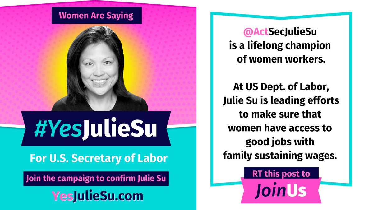 We say #YesJulieSu! @ActSecJulieSu is a lifelong champion of women workers, particularly low-wage workers, immigrant workers, essential workers and women of color. We urge the Senate to swiftly confirm her as Secretary of Labor!