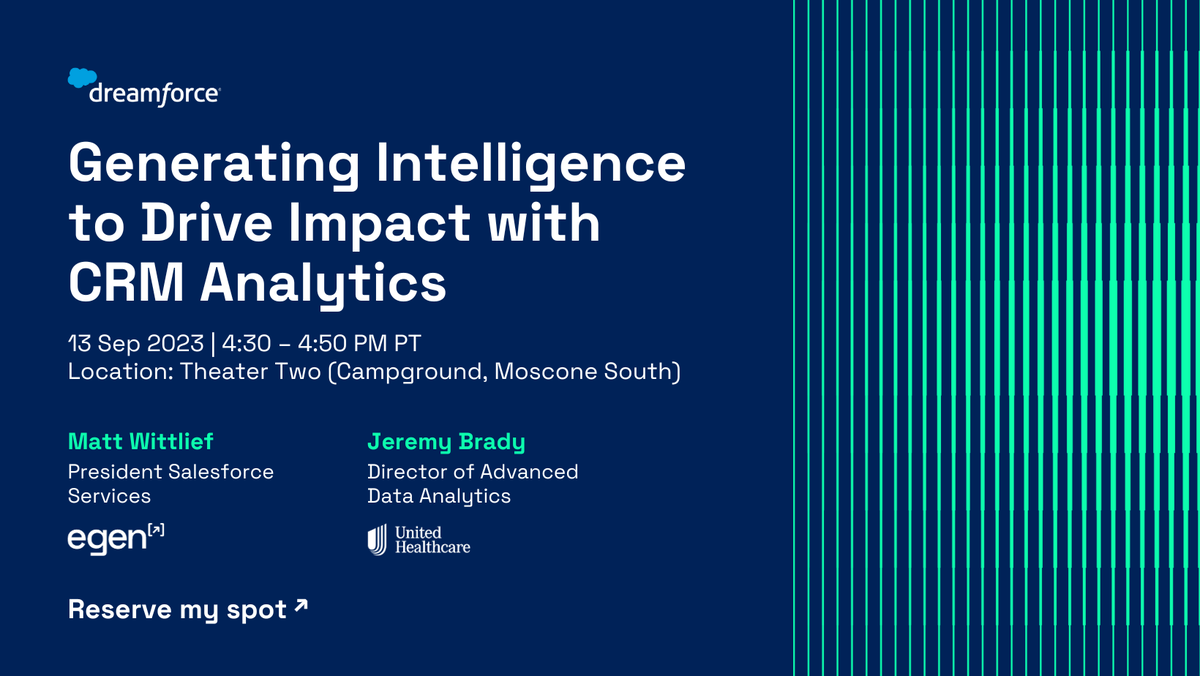 egeninc's tweet photo. Unleash the possibilities of CRM Analytics at #DF23! Join our session with @UHC today to explore use cases for driving competitive intelligence and actionable insights with CRM Analytics. Join us at Theater Two: https://t.co/8E5ZJaM9se

#CreateNewPossibilities #SalesforcePartner https://t.co/n9bDdZ2JB3