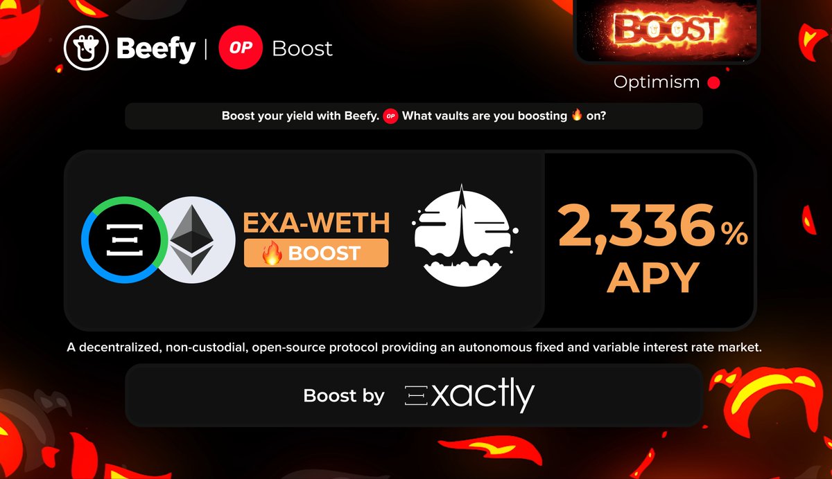 🚀 The <a href="/ExactlyProtocol/">Exactly Protocol 𝚵</a> boost just started accruing rewards! 🚀

Earn extra $ETH on top of your $EXA - $ETH autocompounding position for 28 days. 🕰️
👉 app.beefy.com/vault/velodrom…