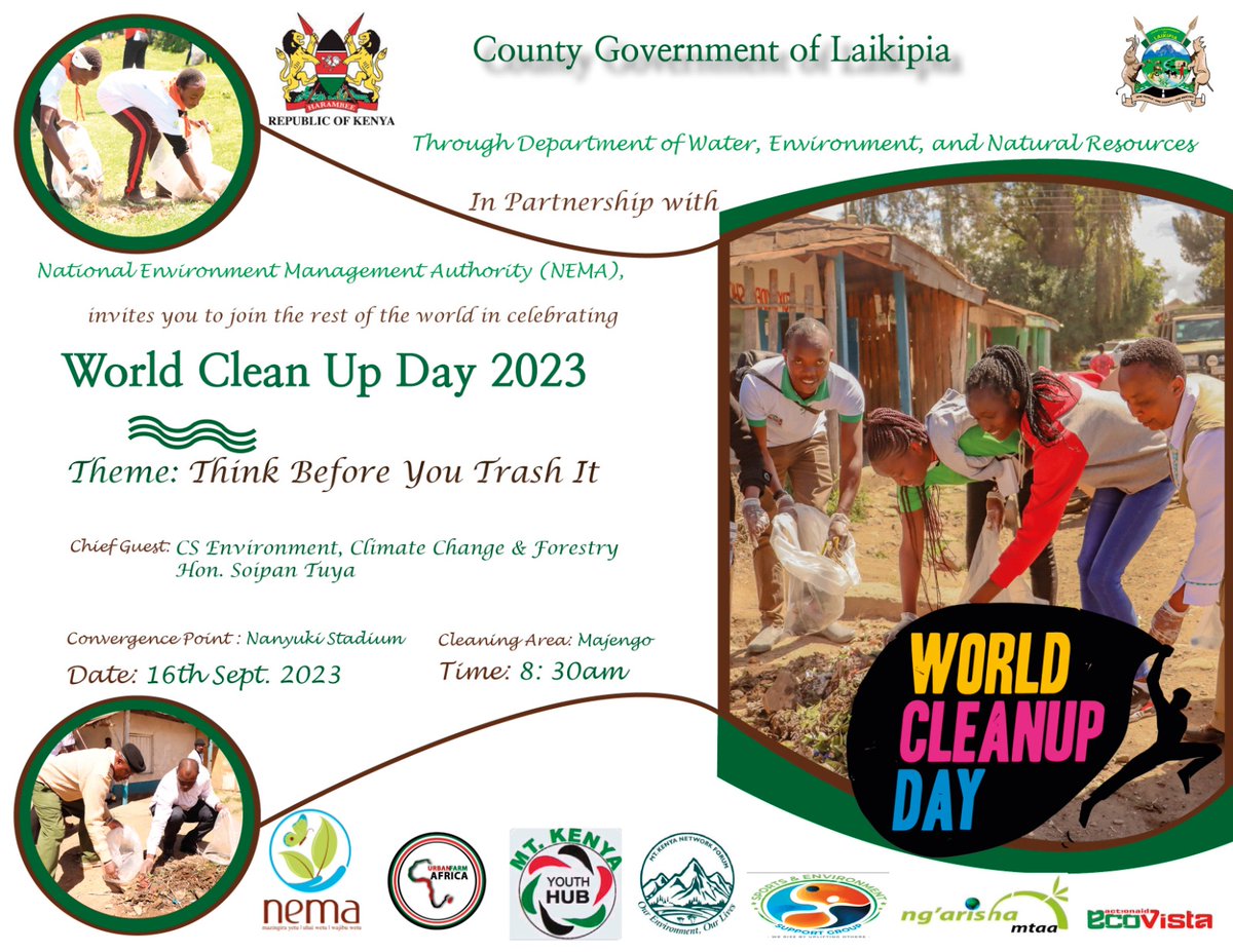 The environment is where we all meet, it is our obligation to take care of it. Join us as we mark the world clean up day 2023 at the nanyuki stadium. @HonTuya will be the chief guest accompanied by other dignitaries. #ThinkB4UTrash #CleanupTheWorld