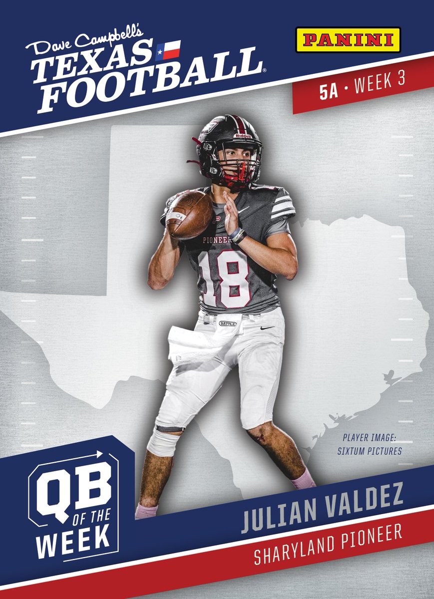 Introducing our Week 3 #TXHSFB Class 5A Quarterback of the Week presented by <a href="/PaniniAmerica/">Panini America</a>: <a href="/JulianV_18/">Julian Alexander Valdez</a> from <a href="/DBack_Football/">SharyPioneerFootball</a>!

<a href="/sphsdbacknation/">Sharyland Pioneer High School</a> <a href="/sharylandath/">Sharyland ISD Athletics</a> | #dctf #whodoyoucollect

📸: Sixtum Pictures