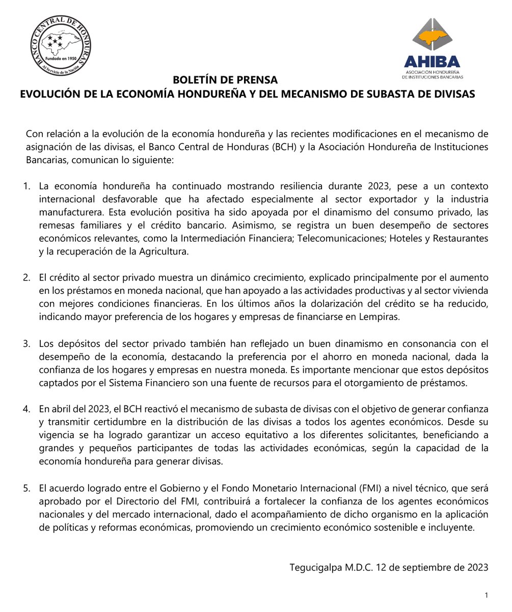 El <a href="/BancoCentral_HN/">Banco Central de Honduras</a> y #AHIBA comunican lo siguiente sobre la evolución de la economía hondureña y del mecanismo de subasta de divisas: