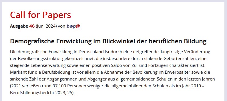 Neu auf bwpat.de: der Call f. Ausgabe 46 "Demografische Entwicklung im Blickwinkel der beruflichen Bildung". Hrsg.: Wilbers, Windelband, Kückmann &amp; Velten. Exposés bis 21.11.23. Der ganze CfP: bwpat.de/call-for-paper…
<a href="/karlwilbers/">Berufsbildung 4.0</a> @LWindelband @MA_Kueckmann <a href="/wbv_de/">wbv Publikation</a>