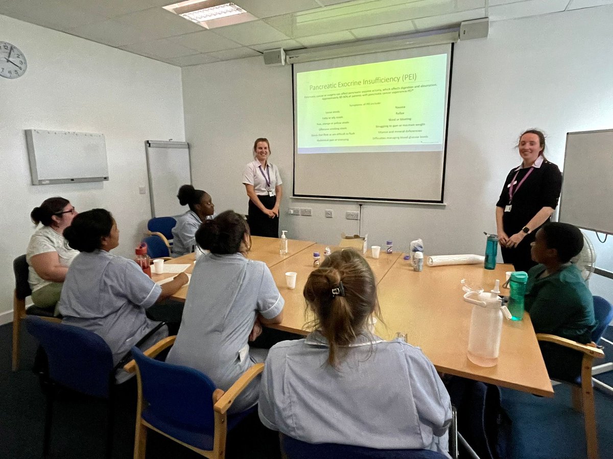 Our #HPB dietitian <a href="/RhianyddRD/">Rhianydd Jones RD</a> and #UGI dietitian Claire, along with others, enjoyed delivering a study day to our M4 nursing colleagues on nutritional management of their patients. Great engagement from attendees, thank you
