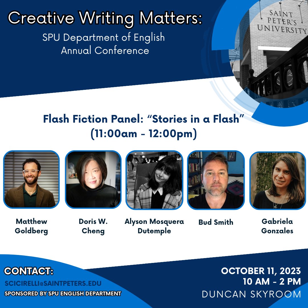 Do yourself a favor and come to the <a href="/saintpetersuniv/">Saint Peter's Univ.</a> English Dept. Conference on Wednesday October 11!! Cool people like <a href="/JudithValente/">Judith Valente</a>, <a href="/mattmgoldberg/">Matthew Goldberg 🐀</a>, <a href="/doris_dwycheng/">Doris W Cheng</a>, <a href="/swellspoken/">Alyson Mosquera Dutemple is on Substack now.</a>, <a href="/Bud_Smith/">Bud Smith</a>, and @gabrielag2597 will be there!!