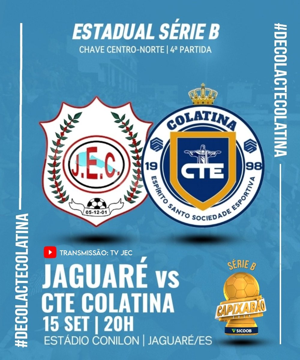 ctecolatina's tweet photo. 🗣 Sexta-feira é dia CTE!

⚽ Jaguaré 🆚 CTE Colatina 
🏆 Estadual | 2ª Divisão
📊 Chave Centro-Norte 
🏟️ Estádio Conilon
📍 Jaguaré-ES 
📅 15/09
🕞 20h00
📺 Transmissão TV JEC (YouTube)

#futebolacapixaba #serieb 
#cte #colatina #jaguaré 
#liderança https://t.co/DWDB7rh8gq
