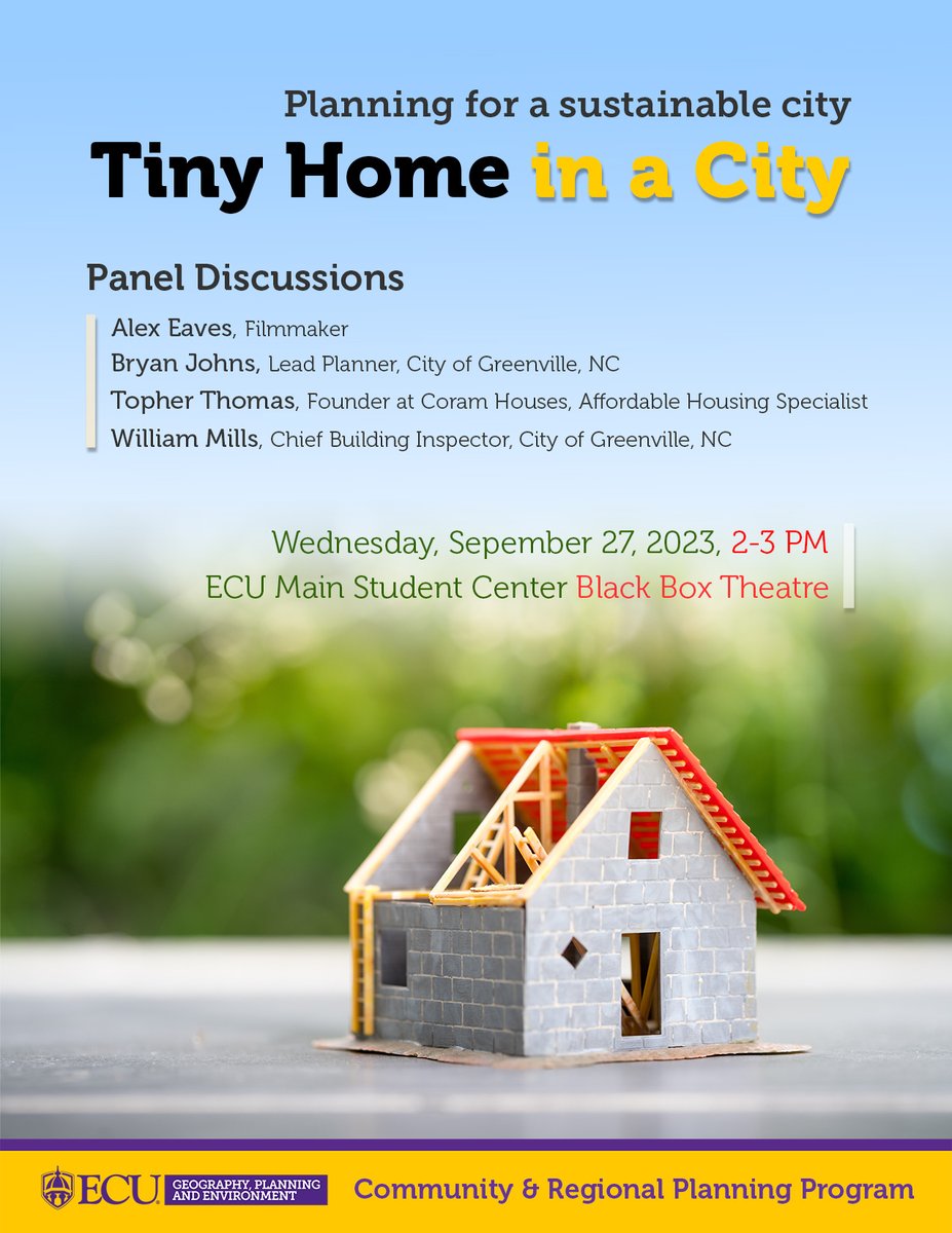 ECU Program in Community & Regional Planning (@ecuplanning) on Twitter photo #PirateNation Planners make the dreams come true. Interested in learning how to implement the cool idea of a tiny home for a sustainable future #SustainECU? Join our panel discussion, "Tiny Home in a City." #PirateNation Planners make the dreams come true. Interested in learning how to implement the cool idea of a tiny home for a sustainable future #SustainECU? Join our panel discussion, "Tiny Home in a City."