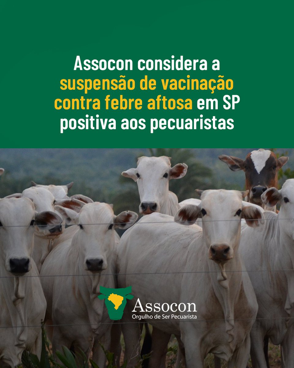 assocon's tweet image. A medida de suspensão em SP indica que o programa de combate à doença está gerando resultados efetivos. O último caso no Brasil foi em 2006! Mas o produtor não deve relaxar. Mais do que manter animais saudáveis, isso significa maior lucratividade para os pecuaristas.
