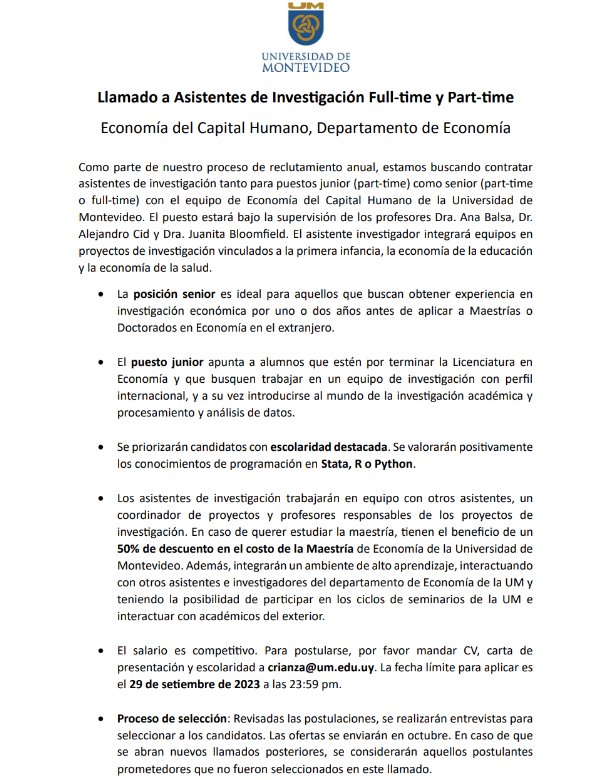 ⌛️¿Te gustaría formar parte de un grupo de investigación en temas vinculados a primera infancia, economía de la educación y de la salud? Buscamos a investigadores junior y senior para sumarse a proyectos de <a href="/UnivMontevideo/">Universidad de Montevideo</a> 
👉Enviar CV a: crianza@um.edu.uy
n9.cl/llamado-asiste…