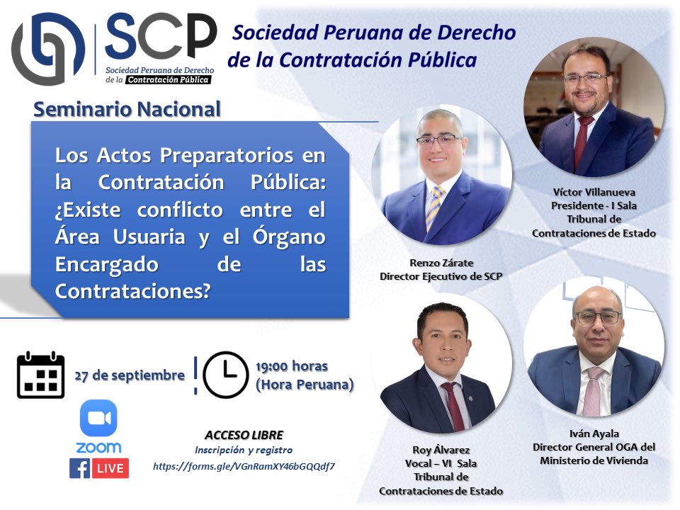 sociedadspdcp's tweet photo. Seminario Nacional "Los Actos Preparatorios en la Contratación Pública: ¿Existe conflicto entre el Área Usuaria y el Órgano Encargado de las Contrataciones?
27 de setiembre: 07:00 p.m. a 09:00.
EN VIVO VÍA ZOOM y Facebook Live. Inscripción y registro:👇👇
https://t.co/bsIkRcREic https://t.co/FZobuJOYbT
