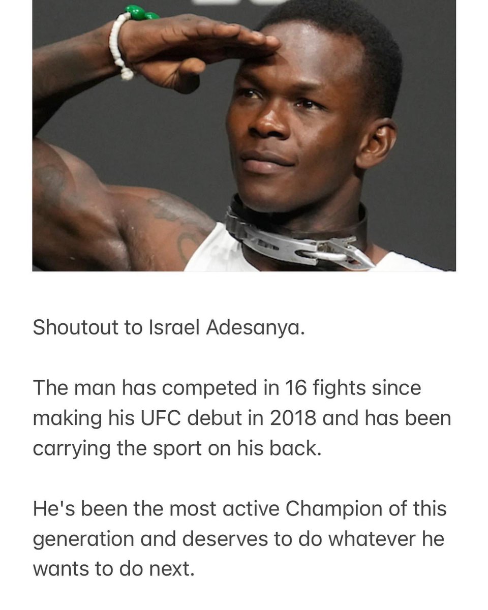 Engr_Ramat's tweet image. Irael Adesanya has been headlining—defending the title many times.
UFC 243
UFC 248
UFC 253
UFC 259
UFC 263
UFC 271
UFC 276
UFC 281
UFC 287
UFC 293

🔥Respect!  Our love for #stylebender is purely Organic. Keep going, the most active Champion of our generation.💪🏻😎