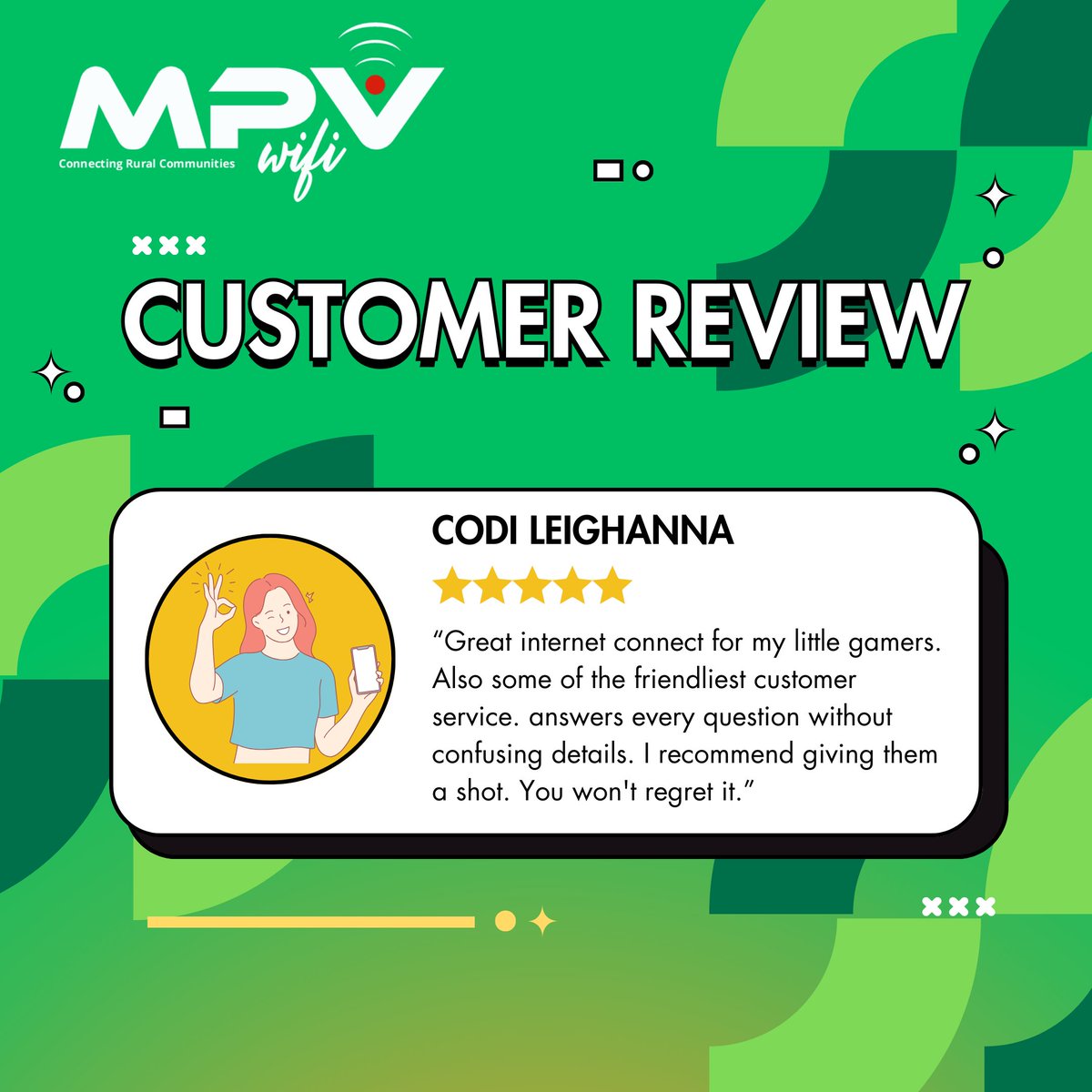 Here's what some of our customers have to say about their service with MPV Wifi! No matter your internet needs, we are here to exceed them with our service.