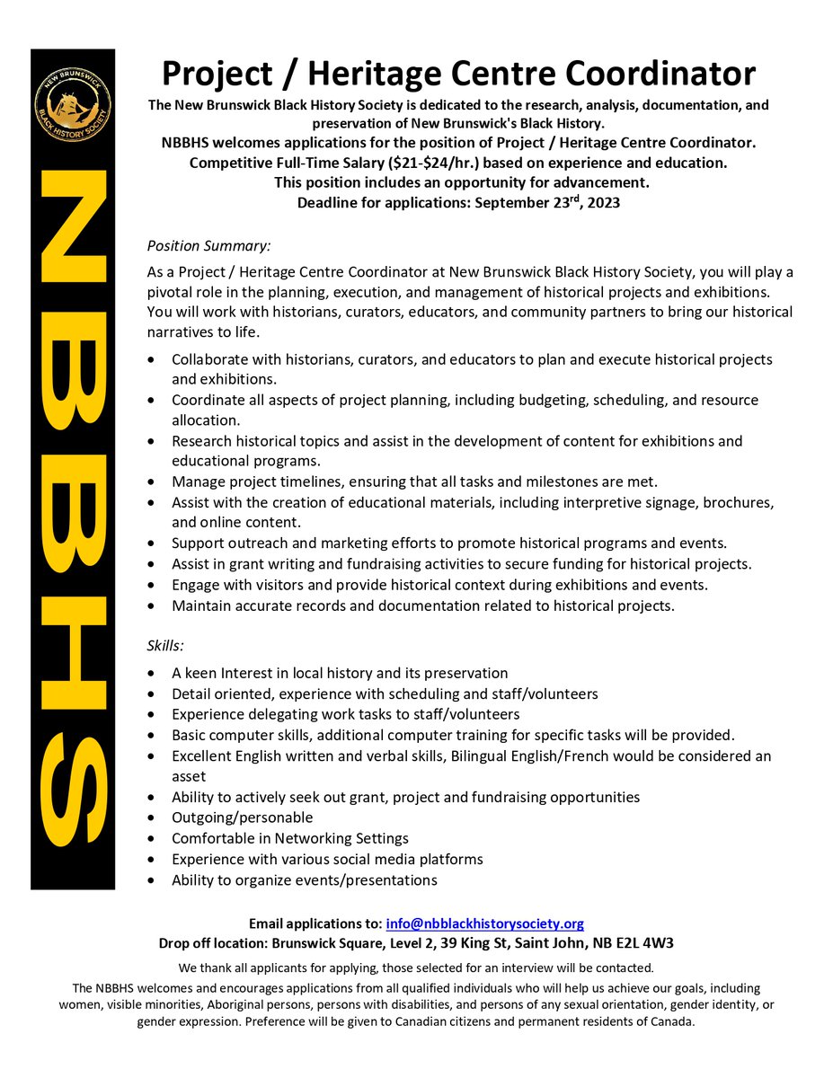 prudeinc's tweet photo. Are you passionate about preserving and sharing New Brunswick's rich Black history? The New Brunswick Black History Society (NBBHS) is looking for a dedicated Project / Heritage Centre Coordinator to help us bring our historical narratives to life!
#HIRINGNOW #NBBHS https://t.co/kvnwc1VRn3