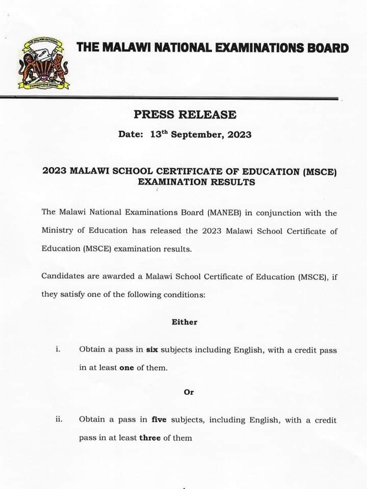 MalawiGovt's tweet photo. Press Release: 2023 MSCE Examination Results https://t.co/0uf62c93kL