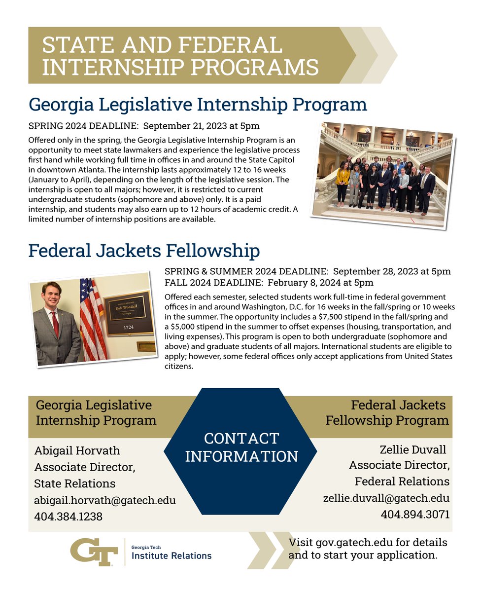 Capitol Jackets (@capitoljackets) on Twitter photo Are you interested in state or federal government internships? Click below to learn more information! <a href="/sppgatech/">Georgia Tech School of Public Policy</a> <a href="/NunnSchoolGT/">Sam Nunn School of International Affairs</a> Are you interested in state or federal government internships? Click below to learn more information! <a href="/sppgatech/">Georgia Tech School of Public Policy</a> <a href="/NunnSchoolGT/">Sam Nunn School of International Affairs</a>