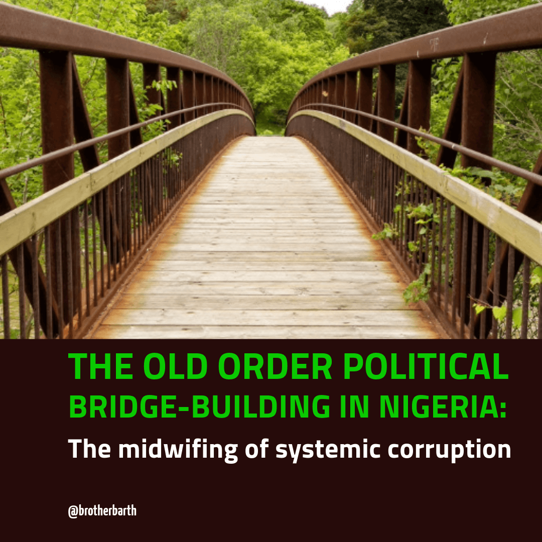 brotherbarth's tweet photo. THE OLD ORDER POLITICAL BRIDGE-BUILDING IN NIGERIA: The midwifing of systemic corruption.

1. A common narrative among some political juggernauts, especially the old corrupt order, in Nigeria is that for you to win elections you must build bridges. Of course, bridge-building in politics is a given, but when you hear it in Nigeria (as used by this set of corrupt politicians) it means something much more. Follow me in this article and you’ll understand.

2. In the run up of the 2023 Presidential election, one of the arguments put forward by the two top political parties in Nigeria was that the third-force party could not win even a State election talk less of Presidential election because it does not have structure. By structure they mean having members of the party who were, or are Governors, or members of national and state assemblies. Part of the structure they mean also include party officers and necessary functionaries to prosecute election, however the major component of the ‘structure’ is having members in political offices who could muster the resources and influence required to swing votes to its favour.

3. In the view of the old order politicians, the structure for winning elections is a network of very rich politicians who can use their money to buy influence, supports, and ultimately votes for the candidate they are supporting. Fact is that these rich politicians made these money they so utilize from stealing public funds.

4. So, when you hear this set of politicians say, “before you can win elections in Nigeria you need to build bridges”, what they mean is that you need to engage with these corrupt politicians in order to obtain their commitment to support your political ambition. In Nigerians, politicians have served jails terms for stealing, come out, and still use their money to influence votes and voters. They too are part of the structure they talk about.

5. To be able to build this kind of political bridges, the candidate will inescapably be initiated into the corruption cult because the conventional MoU is about “what is in it for me”. In effect the bridge is about the road to public funds in future. In building the bridges, such negotiations like who will nominate which minister, or head of which agency, or parastatal, etc are negotiated. These negotiations hardly consider competence and capacity to deliver, but about satisfying the MoU of the bridge builders.

6. The more this kind of bridge is built, the more the number of government functionaries are bogus, the more the cost of governance is hiked, the more the avenues for stealing public funds are increased, the more the enablers of corruption are enlarged, and the more the country bleeds, and the people live in penury.  This is the reason Nigeria is the poverty capital of the world.

7. As this kind of bridge is built, MoU is established also on the security architecture, and who will handle what. This is because the right (wrong) persons must oversee security, if corruption must go on without questions, arrests or even persecutions.

8. When you hear ‘we got order from above’, or ‘our hands are tied’, it simply means that the builders of the corruption bridge have intervened, and so, abnormal can be allowed to be normal.

9. It is this kind of bridges that turns a recharge card seller into an owner of private jet in a few months, not that his business had been so scaled up to be able to afford that, but that the builders of the bridge decided to allocate to him $billions of FX in government official rate that he may sell at parallel market rate and make billions in matter of hours.

10. With this kind of bridge-building, there is absolutely no way corruption can end in Nigeria, because under its formula, the thieves, the Police and Judges are in the same club – they are part of the corrupt bridge project and cannot oppose one other.

11. There is however a genuine kind of bridge-building through which a candidate for political office can have sincere social contract with the electorates without involving the corrupt politician-gatekeepers at the various political constituency. This kind of bridge-building, however, would require that the candidate has no corrupt past and can show antecedents that can earn the people’s trust.

12. No one with a corrupt past can build this genuine political bridge to win elections because; (i) the corrupt politician-gatekeepers will expose his/her ugly past and use it against him/her before the people, (ii) the people cannot trust that such a candidate will live up to whatever promises he/she makes, so the people will rather demand for immediate gratification, since they are not sure of any other benefit when the candidate is elected into office.

13. This is the kind of bridge @PeterObi  was able to build in the run up of the 2023 presidential election. From the outset, the corrupt class thought that since he was not ready to build their usual kind of bridge, they could mess him up by exposing his corrupt past. They their chagrin, they find no past corruption to hold him down with. They dug deeper and deeper, yet they found nothing. This was how @PeterObi  met the first criteria for building this new kind of sincere political bridges.

14. Then he (Peter Obi) went about to tell Nigerians about his scoresheet in public service, especially as a former Governor and challenging them on every occasion to ‘go and verify’ all he said. Indeed, the people, led by the well-informed individuals, went all out to verify every single claim he made, and to the amazement of Nigerians and international observers, not a single of all he said could be contradicted. This was how he (@PeterObi) met the second criteria for building this new kind of sincere political bridges.

15. Seeing that he has broken the jinx of building political bridges that are tantamount to midwifing systemic corruption in the Nigeria political space, the members of this old order came after @PeterObi  in many ways than one. Some of their propagandist even accused of being a member of the old, because he belonged to other political parties in the past, notwithstanding that they know fully well that what constitutes belonging to the old order is not belonging to different parties in the past, but about what you did in the past while in those parties. The older is about belonging to the corrupt class.

16. The emergence of @PeterObi  as the face of a New Nigeria that Nigerians had hoped for to no avail for many decades has continued to rattle the old order. The battle is still on, but the good news is that most Nigerians, except the promoters and beneficiaries of the old order, have come to understand that what the old order called political bridge-building was nothing but the ‘midwifing of systemic corruption’. You may have heard them say; “how can he (Peter Obi) just come from nowhere and contest with a man that has been building the bridge for over 30 years and think he can win”, and other silly statements like this, unfortunately, Nigerians pay no attention to such side talks because they have come to find out that the 30 years bridge-building was simply 30 years of midwifing high profile corrupt system to achieving corrupt intention.

17. Truth is that politics in Nigeria will never again be business as usual. Peter Obi’s influence and most importantly the Obidient movement which in itself is bigger and greater than Peter Obi, has clearly shown that no good candidate needs to build corrupt bridges to win elections.

18. Peace be with you.

#AllEyesOnTheJudiciary