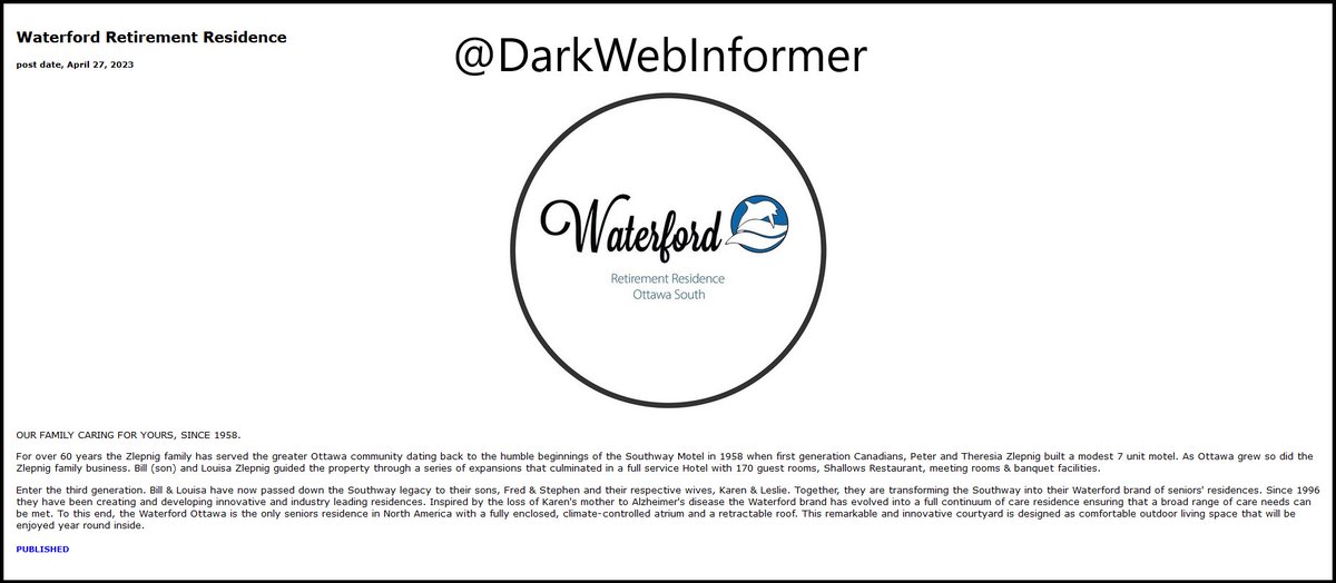 DarkWebInformer's tweet image. .@OttawaWaterford Waterford Retirement Ottawa we wanted to inform you that the ransomware group Ciphbit has claimed that you are a victim. Please inform your security team. #WaterfordRetirementOttawa #Ciphbit #StopRansomware #Ransomware #DarkWeb
