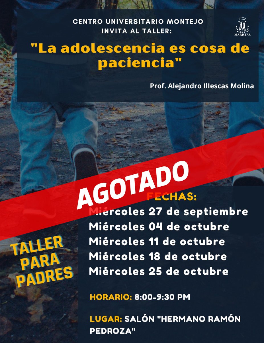 Aviso importante a toda nuestra comunidad MARISTA. Para nuestro taller: "La adolescencia es cosa de paciencia" dirigido a todos las papás y mamás de nuestro colegio, les comunicamos que el registro ha sido agotado. Queremos agradecer profundamente a todos. Sigamos #generandovida
