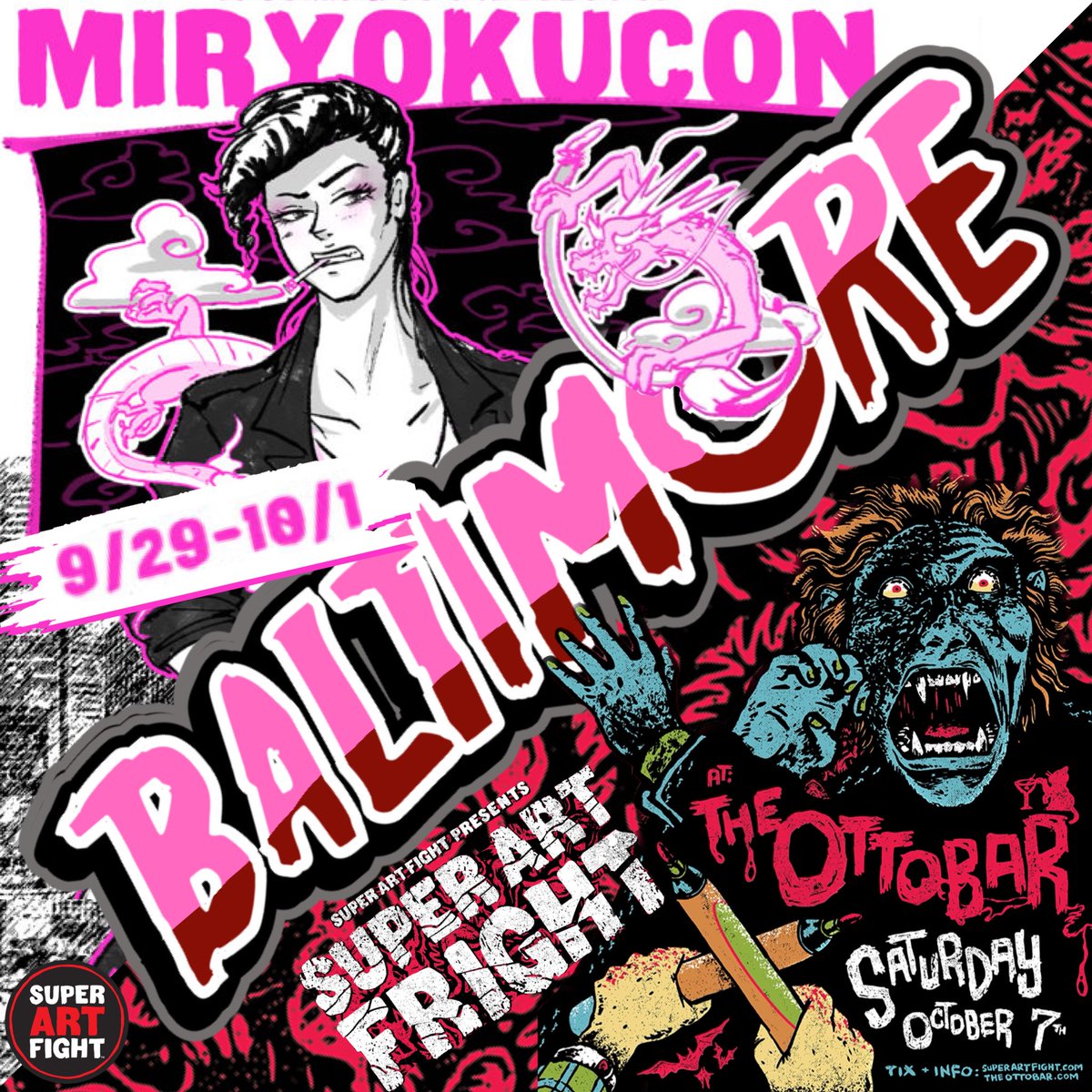 SuperArtFight's tweet photo. GET READY BALTIMORE!!!

A friendly reminder that Super Art Fight has TWO upcoming shows in the Baltimore area. 

We have a debut at Miryokucon &amp; a return to The Ottobar for some spooky shenanigans.

#SuperArtFight #Miryokucon #TheOttobar #Baltimore #Art #Improv https://t.co/KrK24D3AUg