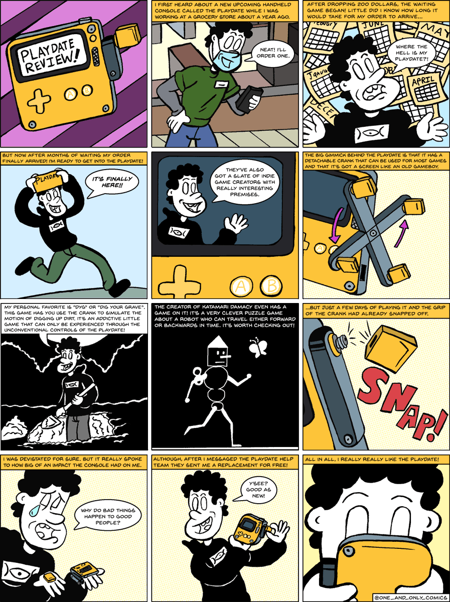TYMplaydateshow's tweet photo. This @Playdate review in the form of a wonderful comic is making the rounds on reddit! Thank you @ToadleyCTRL for the find!
Plz follow the artist on Instagram here:
https://t.co/s42E5qpvNC
RIP to the lil crank handle (at least it wasn't the crank!) #playdate #panicplaydate https://t.co/cgCjioW4sV