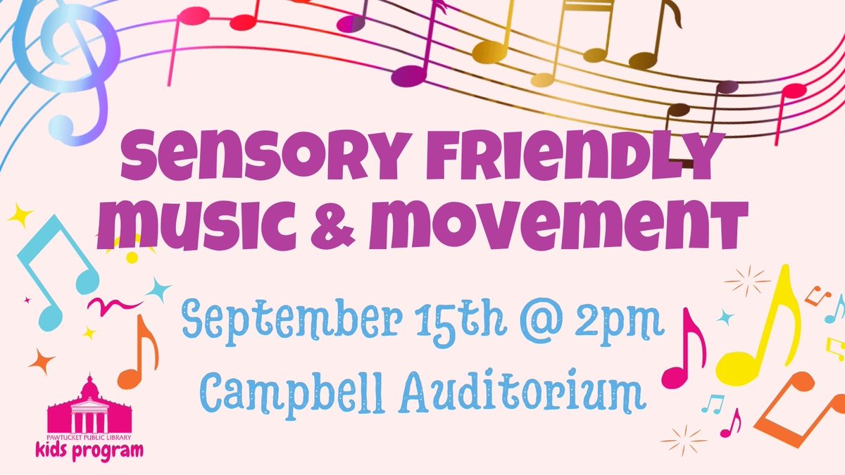 PawtucketPL's tweet image. Join us for an interactive 30 min. program with music, movement and instruments! Children of all ages and abilities are welcome. Registration required: please call 401-725-3714 x209 or email childrens@pawtucketlibrary.org #pawtucketpubliclibrary #childrensprogram #sensoryfriendly