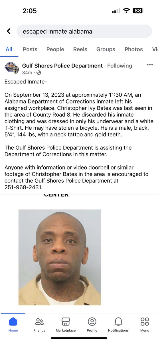 jjpetersen's tweet photo. Another  #PrisonBreak
🚨#ESCAPEDINMATE🚨 
Alabama inmate Christopher Bates, serving 20 yrs for robbery, discarded clothing, escaped from work detail this morning in #GulfShoresAL 
possibly stole a bike.
Last seen CR8
Black Male 5’4” 144 #, black Hair brown eyes tattoo gold teeth https://t.co/qOYrlTdoh4