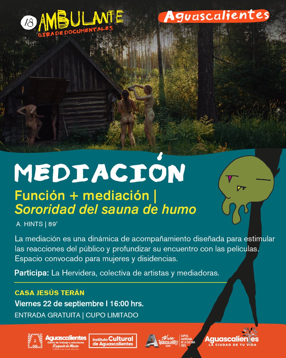 Ambulante's tweet photo. ¡Las funciones con mediación llegaron a Aguascalientes! 🤲🏾 

Preparamos 2 proyecciones con dinámicas interactivas:

🎬 “100 maneras de cruzar la frontera”
🗓️ 21, 19 hrs.
📍 Auditorio Dr. Pedro de Alba, @uaa_mx

🎬 “Sororidad del sauna de humo”
🗓️ 22, 16 hrs.
📍 Casa Jesús Terán https://t.co/3sI0NkqWap