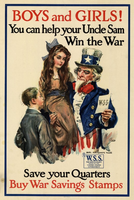 PHMC's tweet photo. It's #UncleSamDay! The Pennsylvania State #Archives preserves this #WWI-era poster depicting "Uncle Sam" stating, "Boys and Girls You Can Help Your Uncle Sam Win the War: Save Your Quarters Buy War Savings Stamps." - https://t.co/ZfiZxCWVNM https://t.co/enbT7T6x3J