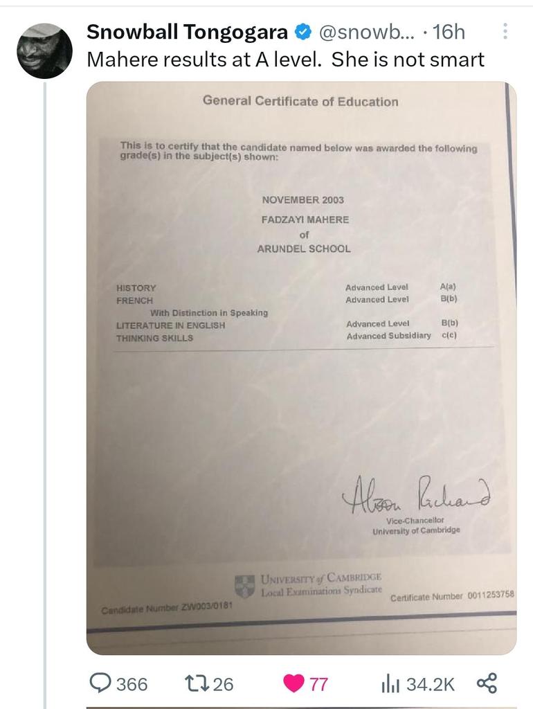 SokoCindy's tweet photo. Nelson Chamisa demoted Fadzai Mahere from being spokesperson of the party after seeing this A level results https://t.co/IdsB7peg28