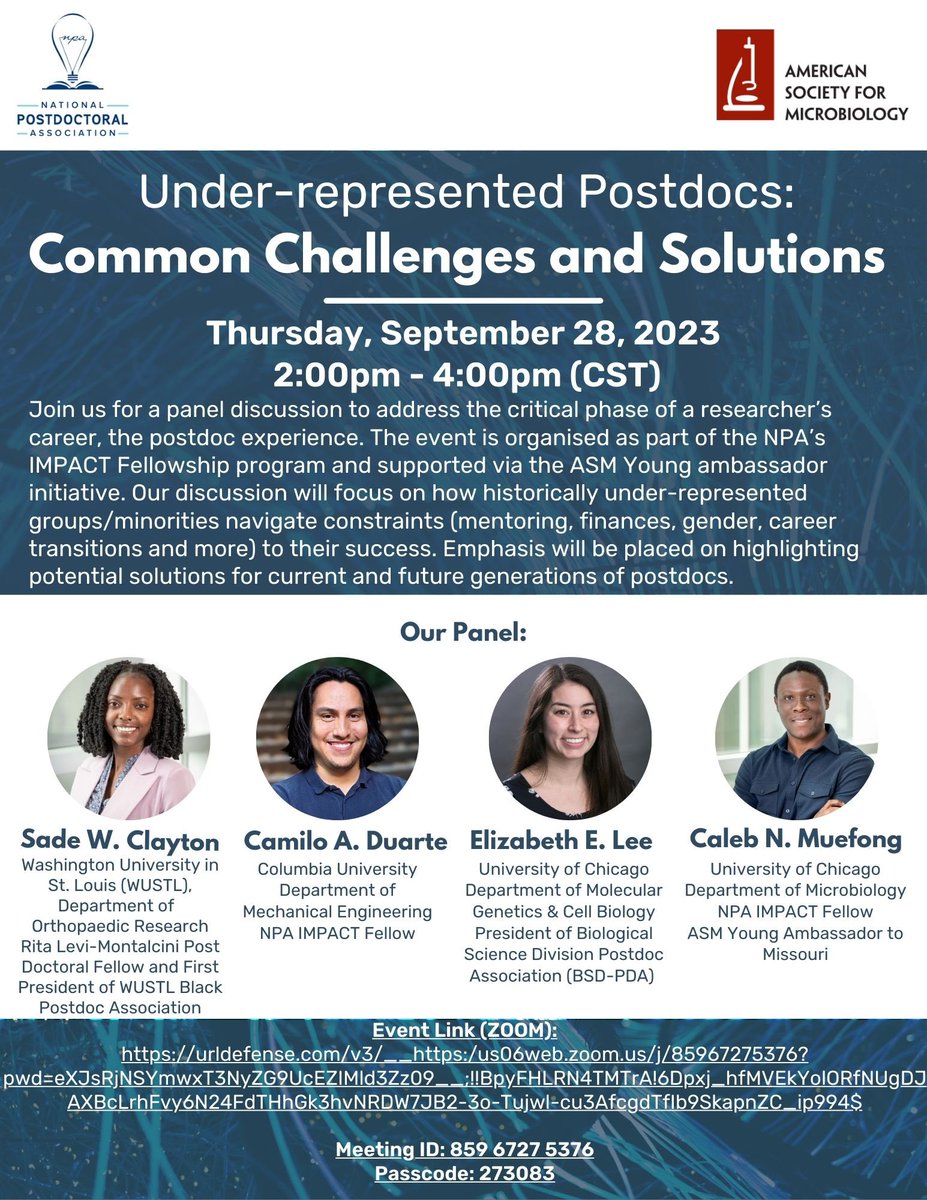 MuefongC's tweet photo. Dear (aspiring) postdocs, please join @SadeWill93, @caduarteco, Elizabeth Lee and I on Thursday, Sep 28, 2023; 02:00PM CST for a panel discussion on challenges of the US postdoc experience. This event is supported by @nationalpostdoc IMPACTFellowship &amp; @ASMicrbiology  YA programs https://t.co/JUFnFbVnXm