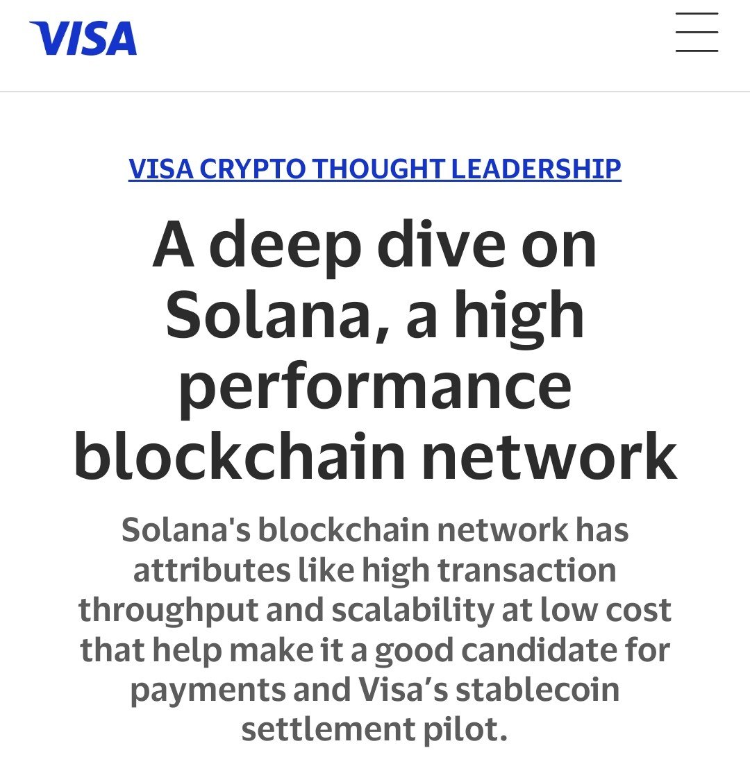 solana's tweet photo. Recently, @Visa Crypto released their technical deep dive covering why Solana was chosen to expand their USDC settlement pilot.

“Solana's blockchain network has attributes like high transaction throughput and scalability at low cost that help make it a good candidate for payments and Visa’s stablecoin settlement pilot.”

Read more: https://t.co/XbEAMoCt1g