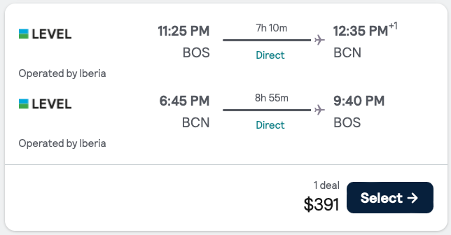 Nonstop flights to #Barcelona, #Spain 🇪🇸 from Boston from $391 R/T.
Details.. bit.ly/3EJH8Pr

Screenshot via SkyScanner