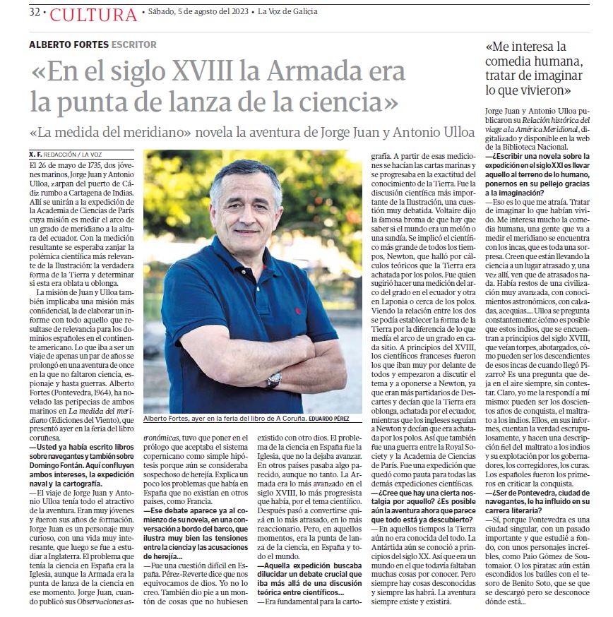 📚Os recomendamos un interesantísimo plan para mañana: asistir a la presentación del libro "La medida del meridiano", de Alberto Fortes, a las 19:00 en la sala Carlos III de Exponav. 

👉Para saber más sobre la obra os dejamos esta entrevista al autor publicada en <a href="/lavozdegalicia/">La Voz de Galicia</a>