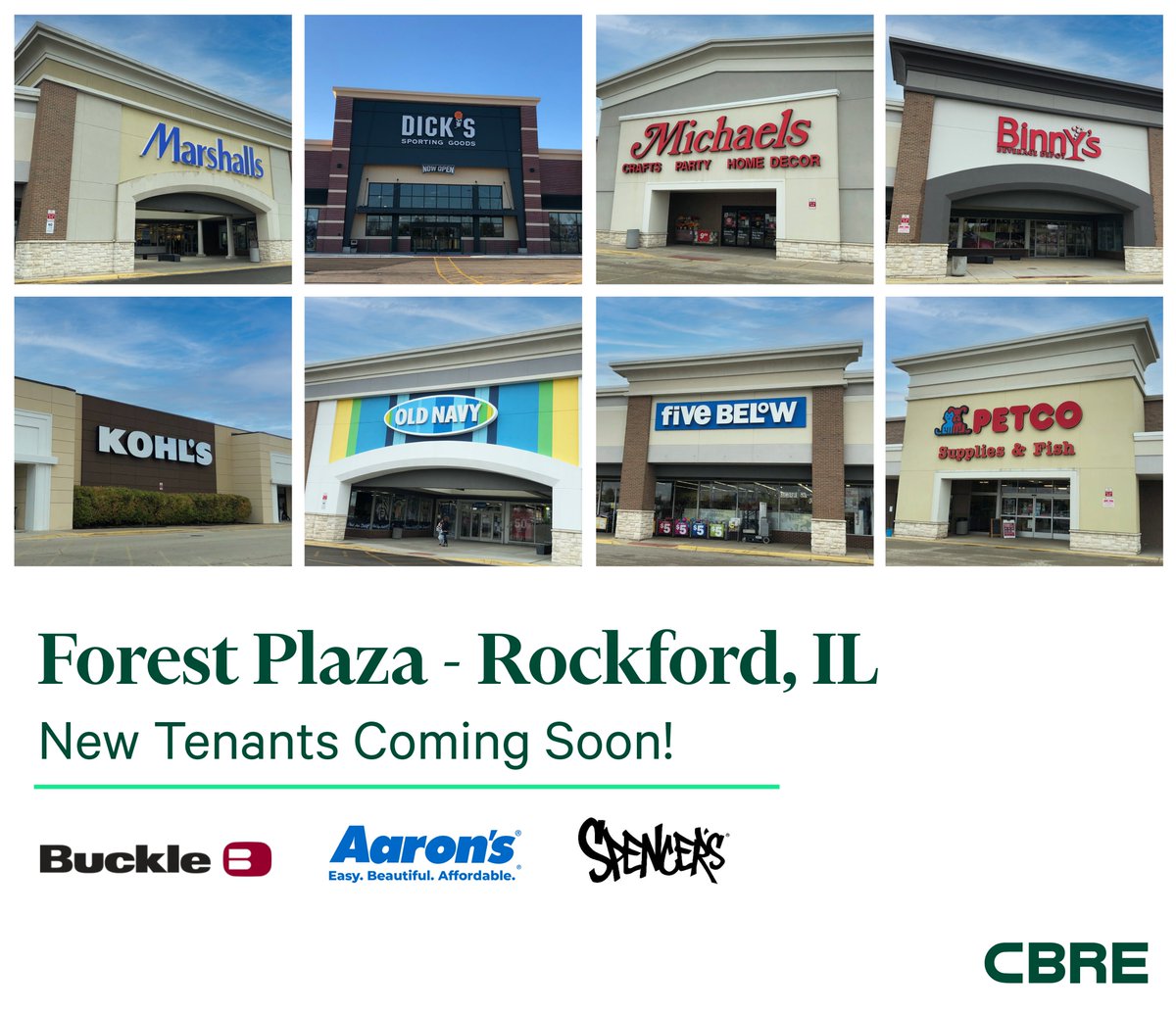 Buckle, Aarons and Spencer's will all be opening soon at Forest Plaza.  Contact us to discuss joining them at Rockford's #1 busiest shopping center.  More info at retailproperties.cbre.us/property/outpu…
#CBRE #CBREretail #retailrealestate #retailleasing  #shoppingcenters #commercialrealestate