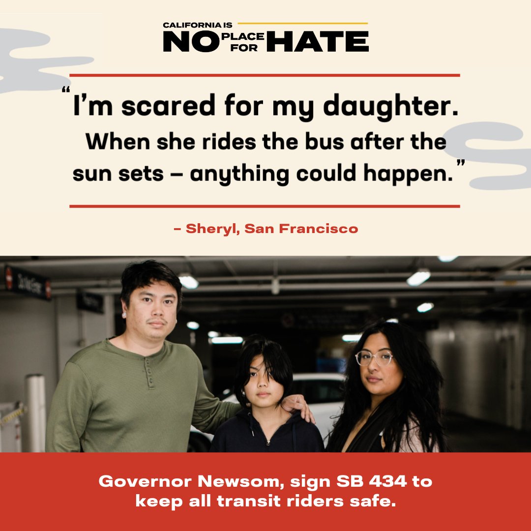 We all know that transit safety is critical in rebuilding public transit: it’s why transit safety bill #SB434 received bipartisan support in the #CALeg and it’s why we’re calling on @CAGovernor @GavinNewsom to sign SB434 in support of California transit riders. #NoPlaceForHateCA