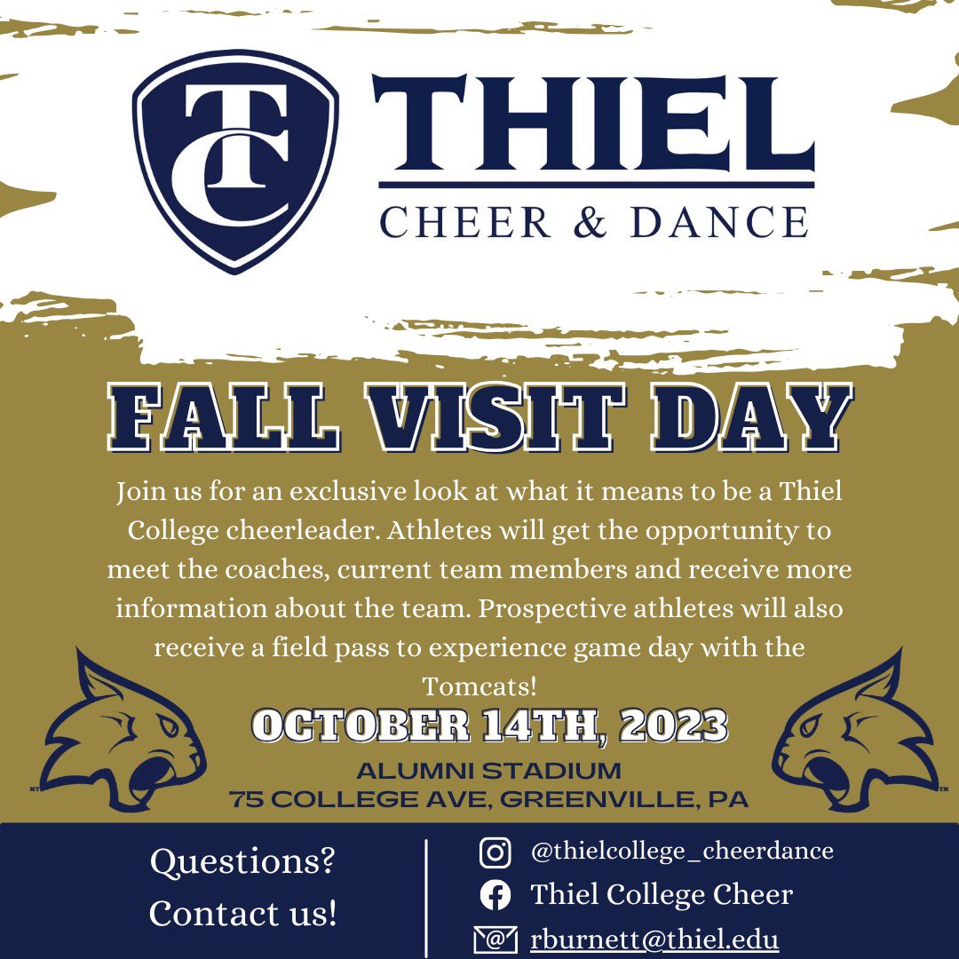 ⭐️Attention Juniors and Seniors⭐️ Our 2023 Fall Visit Day 😻 Join us on the sidelines by Emailing 📧 Rburnett@thiel.edu to confirm your Spot! <a href="/ThielAthletics/">Thiel Athletics</a>