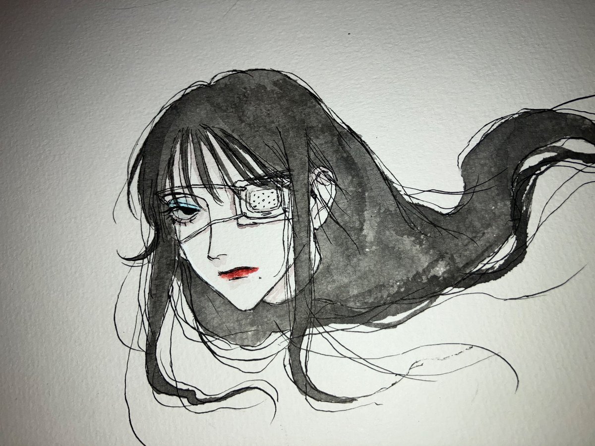 1girl eyepatch solo mole long hair mole under mouth black hair  illustration images