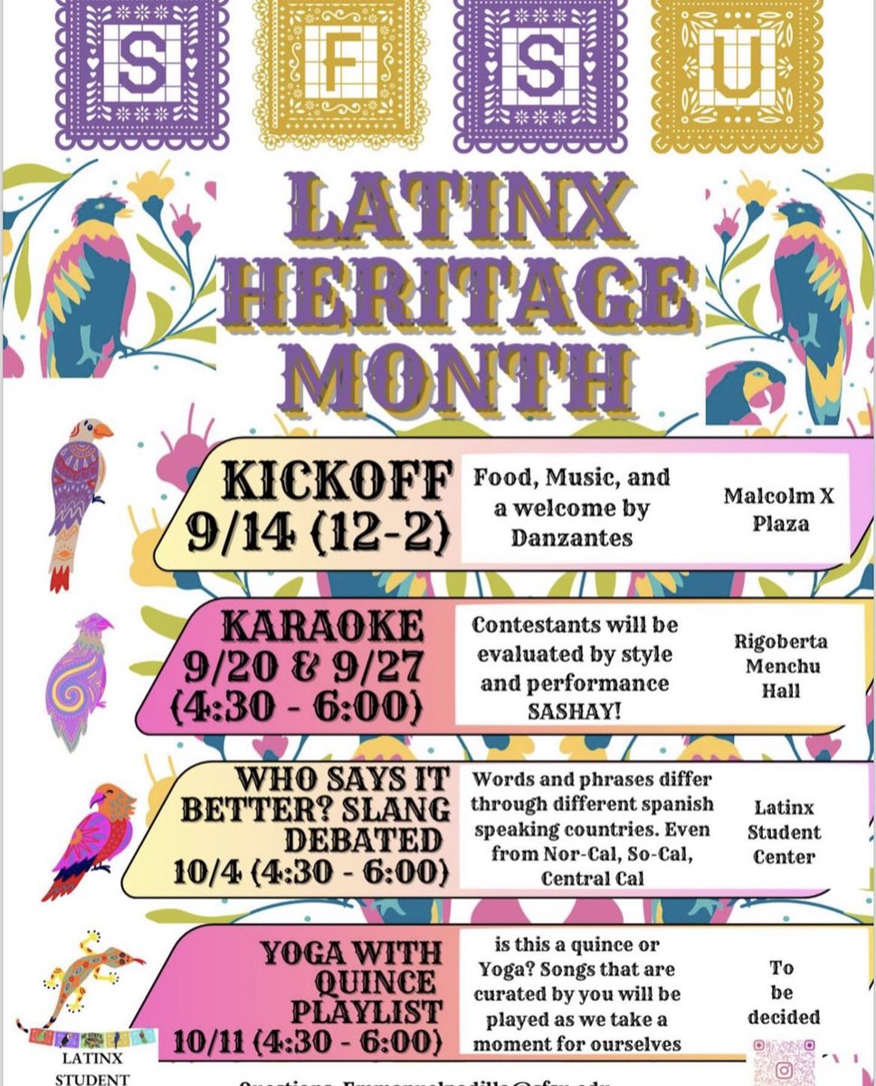 SFSUDECI's tweet photo. #SFState / #SFSU scholars.

The Latinx Heritage Month Series kicks off on Thursday, 9/14/23 at 12-2 pm in Malcolm X Plaza at @SFSU.

Learn more about the month-long series of events at the Latinx Student Center, currently located in Village C, Room 140. https://t.co/4P4JaKTyg4