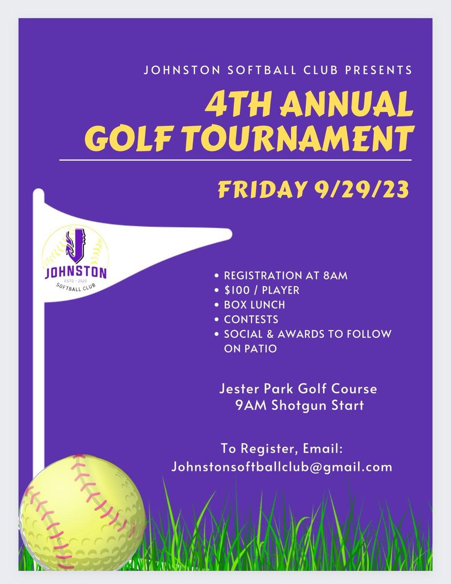 JGSAsoftball's tweet photo. The Johnston Softball Club's 4th Annual Golf Tournament is roughly two weeks away! Register now for a fun-filled day on September 29! https://t.co/OP4ahAS3OW