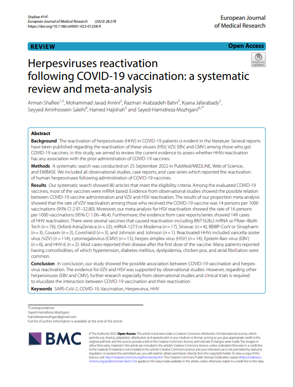 Herpesviruses reactivation following COVID-19 vaccination 
'the rate of VZV reactivation among those who received the COVID-19 vaccine was 14 persons per 1000 vaccinations'
'most of the vaccines were #mRNA based'
pubmed.ncbi.nlm.nih.gov/37559096/