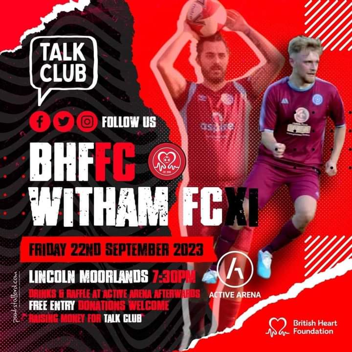 Just over a week until our first charity game of the season ♥️⚽️

 🏟 <a href="/LMR_SSC/">Lincoln Moorlands Railway SSC</a>
📅 Friday 22nd September 
⏰️ 7 30 pm Kick Off
Vs <a href="/WithamFC18/">Witham FC</a> 

Free Entry/ Donations Welcome

Raising money for <a href="/talkclubcharity/">Talk Club</a> Witham 💙