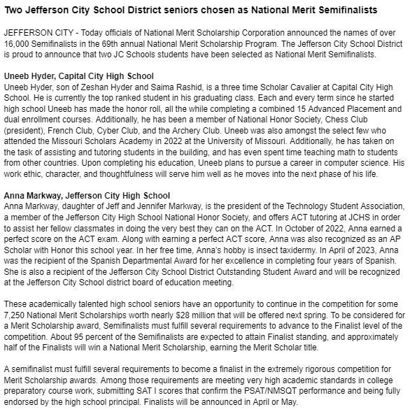 JCSchools_'s tweet photo. Please join us in giving a proud JC Schools congratulations to JCHS senior Anna Markway and CCHS senior Uneeb Hyder on being selected as National Merit Semifinalists! #WeAreJCSchools #JCSchoolsChampions https://t.co/BcqLpVmnQL