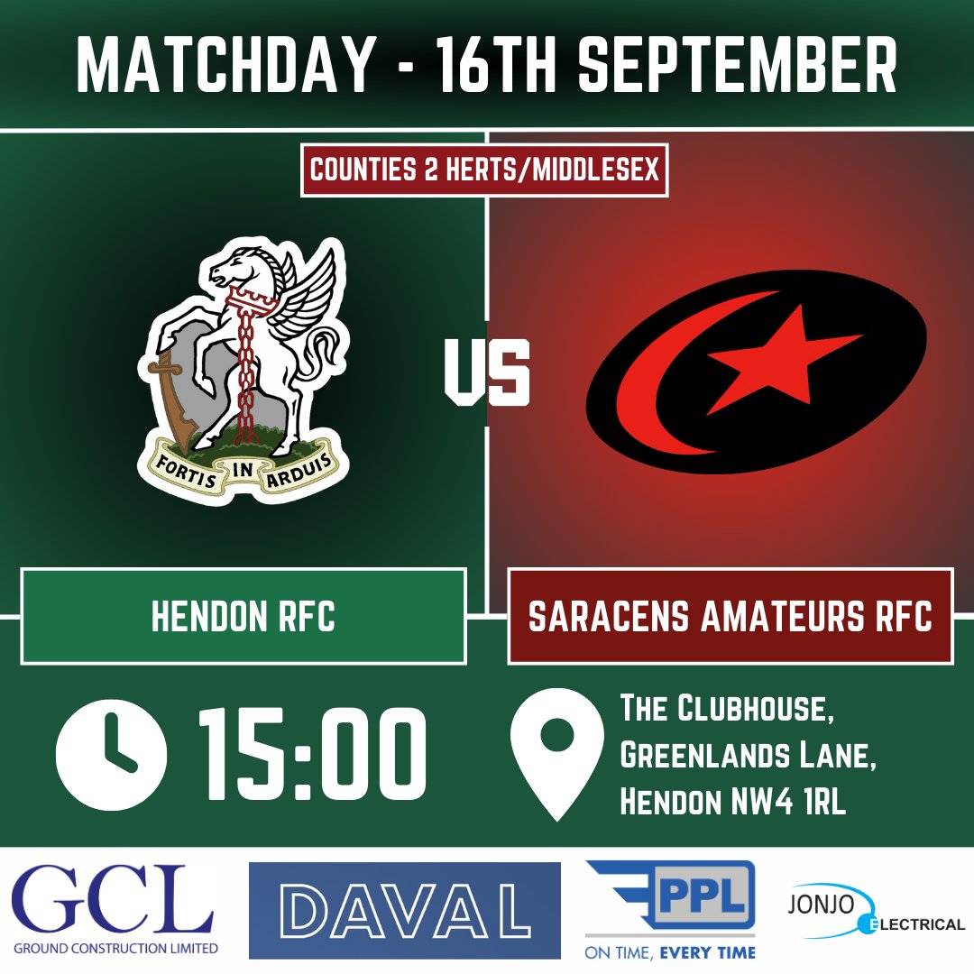 HendonRFC's tweet image. This week at Hendon RFC:

📆Sat 16/09 @ 15.00: Hendon XV vs Saracens Amateurs RFC
📍The Clubhouse, NW4 1RL

#WeAreHendon #FortisInArduis #hendonrugby #rugby #rugbyunion #rugbygram #rugby4life #rugbyfamily #instarugby #rugbymen #grassroots #Hendon #hendoncentral