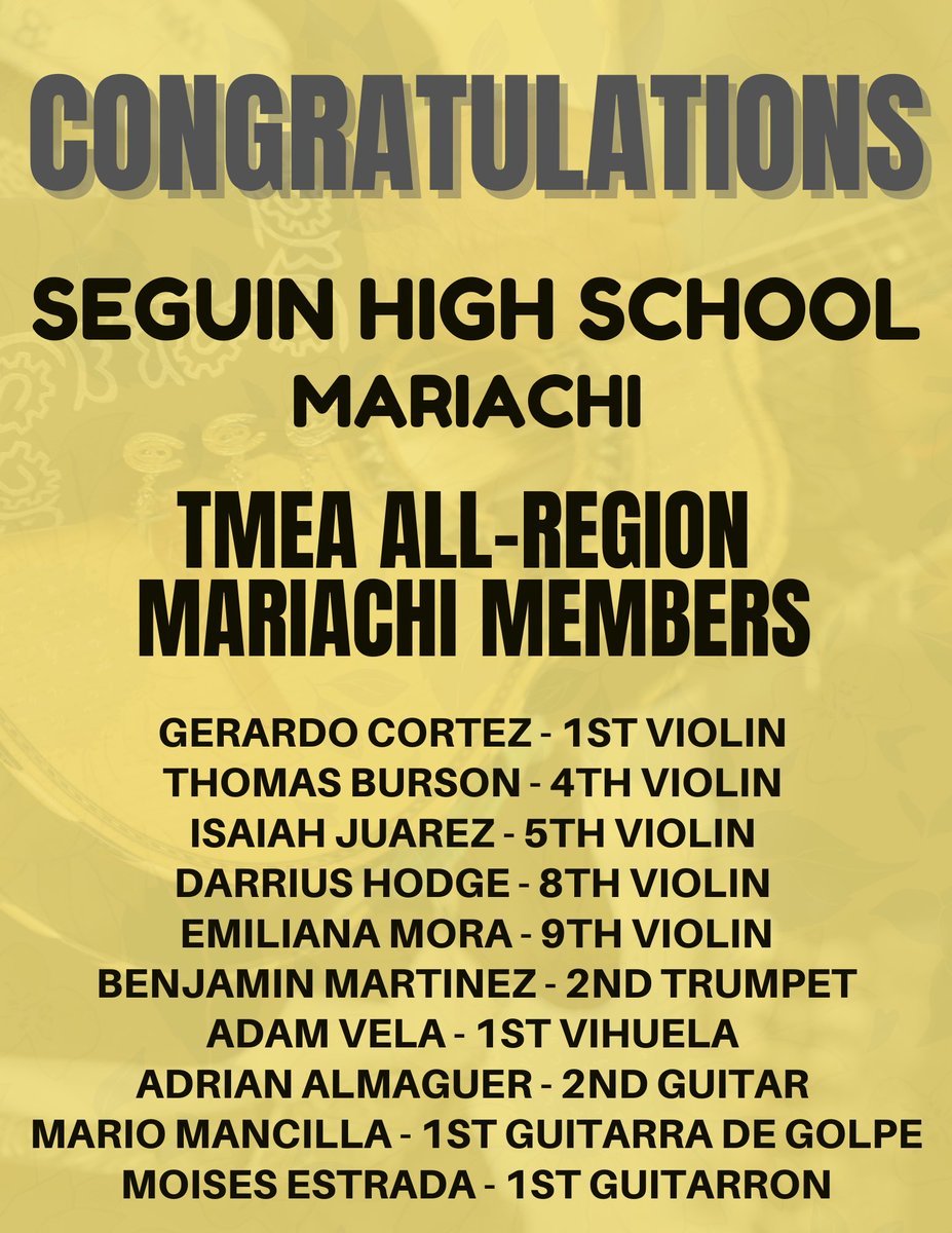 Congratulations <a href="/matadormariachi/">Mariachi Matador</a>! 10 students selected to All-Region Mariachi! Way to represent <a href="/SeguinISD/">Seguin ISD</a> &amp; <a href="/SeguinHSTx/">Seguin High School</a>!!!