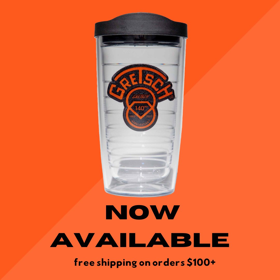 GretschGear's tweet photo. Refresh your #Gretsch collection with our limited-edition 140th Anniversary Tumbler, exclusively from @GretschGear! Durable 20oz plastic tumbler shows off the commemorative logo. Enjoy FREE shipping on orders $100+ at https://t.co/cPfpUNVoqe! #Gretsch140 https://t.co/en2CLdtKgF