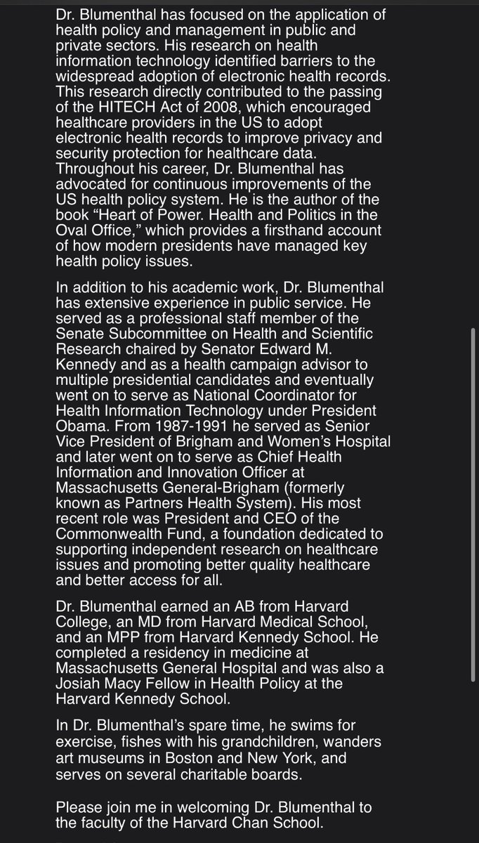 Officially announced today that @DavidBlumenthal joins @HarvardHPM @HarvardChanSPH as Professor of the Practice of Public Health & Health Policy! Welcome, Dr. Blumenthal!