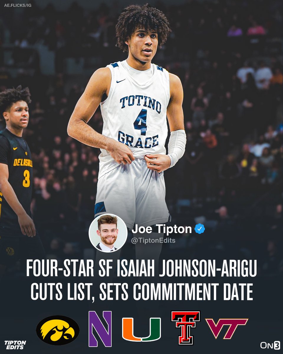 NEWS: 2024 four-star SF Isaiah Johnson-Arigu tells me he will announce his college decision on Saturday, Sept. 16th between Iowa, Northwestern, Miami, Texas Tech, and Virginia Tech. 

The Top-100 prospect breaks down each of his finalists: on3.com//news/isaiah-j…