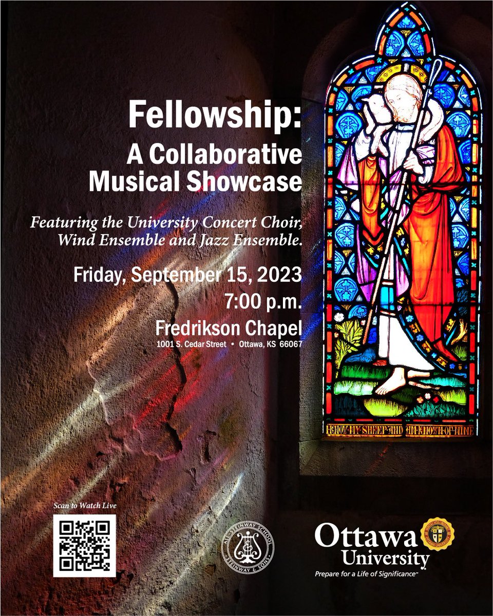 Plan to attend the Braves Music Department’s fall concert “Fellowship” featuring the University Concert Choir, Wind Ensemble and Jazz Ensemble. Friday, September 15, 2023 at 7:00 p.m. in the Fredrikson Chapel. #BravesMusic #OttawaU