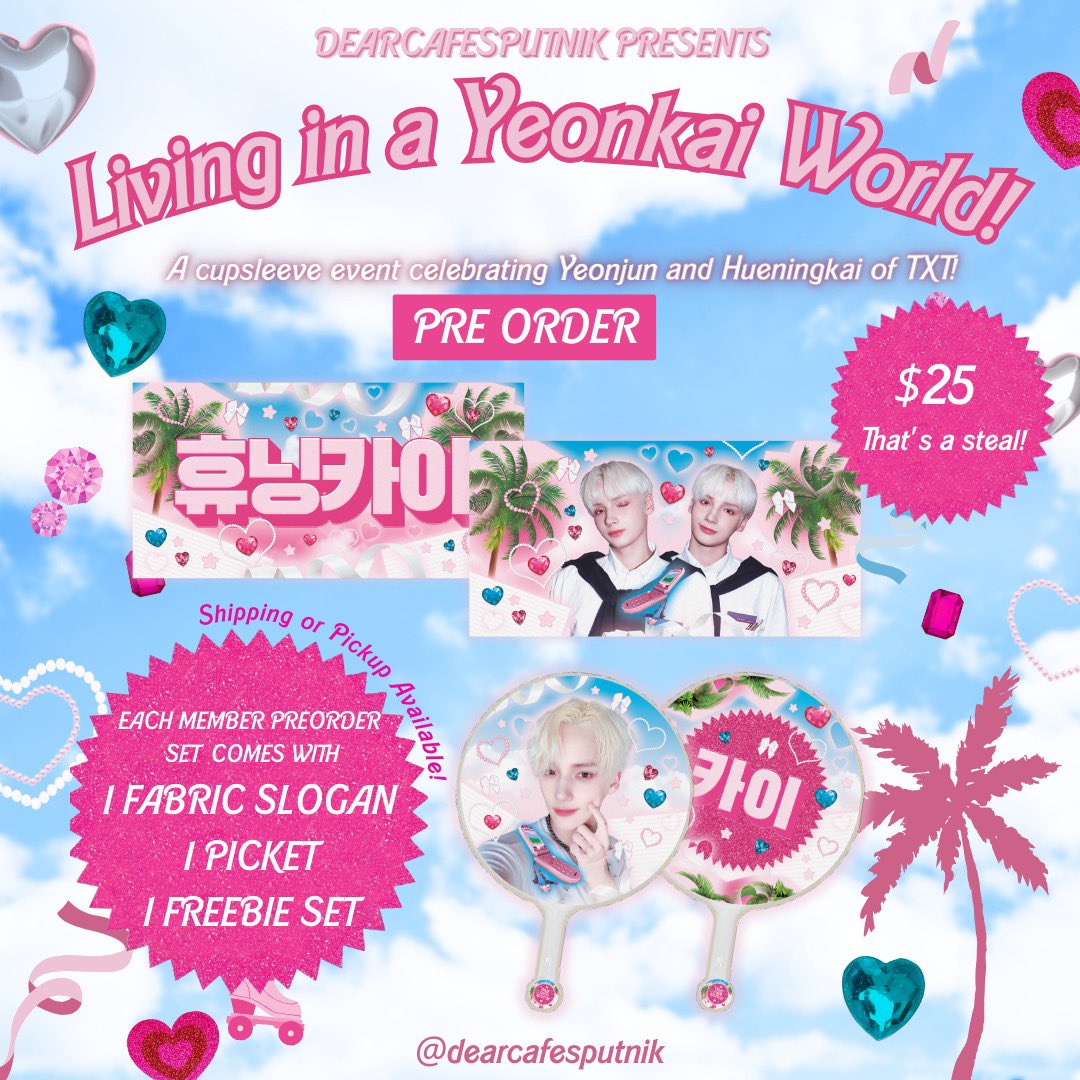 ꒱.. preorder LIMITED bundles 4 living in a yeonkai world♡ 

# includes..! ꒱
- 60x30 cm fabric slogan*
- a picket*
- a cupsleeve freebie set

link to pick up your pre order or have it shipped is attached to the linktree in our bio.

* yeonjun and/or hueningkai